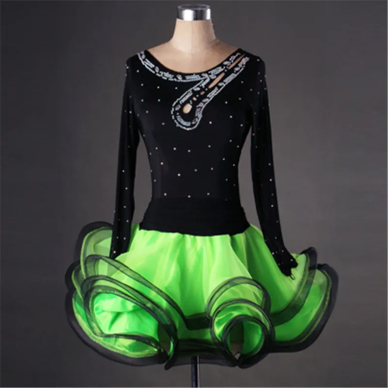 Gratis frakt 6Color Red Green Blue Adult/Girls Latin Dance Dress Salsa Tango Chacha Ballroom Competition Practice Rhinestone Dance Dress