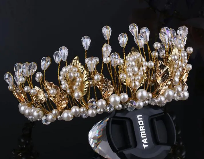 Guld vintage brud smycken headpiece pärla hår tillbehör kristall hårband huvudband brudkrona tiara bröllop smycken ht121