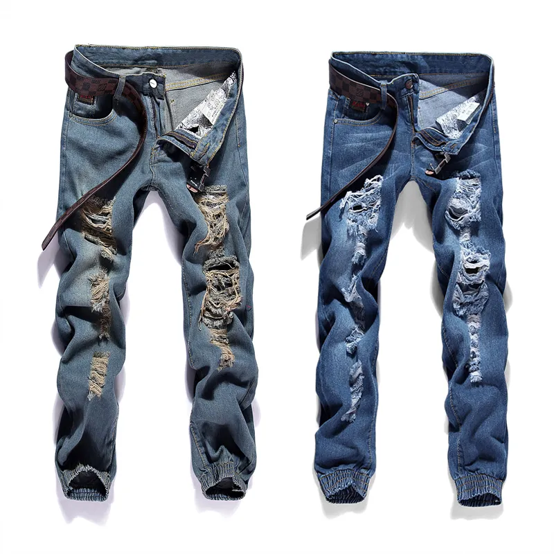 Groothandel-2016 Nieuwe Collectie Mode Broken-Hole Skinny Jeans Mannen Kleine Straight Hip Hop Gescheurde Jeans voor Mannen Pantalon Homme Plus Size 28-36