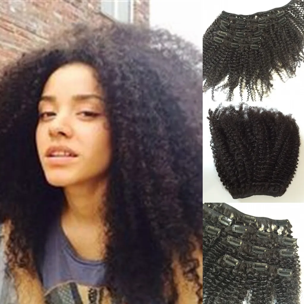 Clip nelle estensioni dei capelli afro riccio crespo 100% capelli umani di Remy brasiliana superiore prodotti per i capelli con le clip in 120g 8 '' - 24 '' di colore naturale