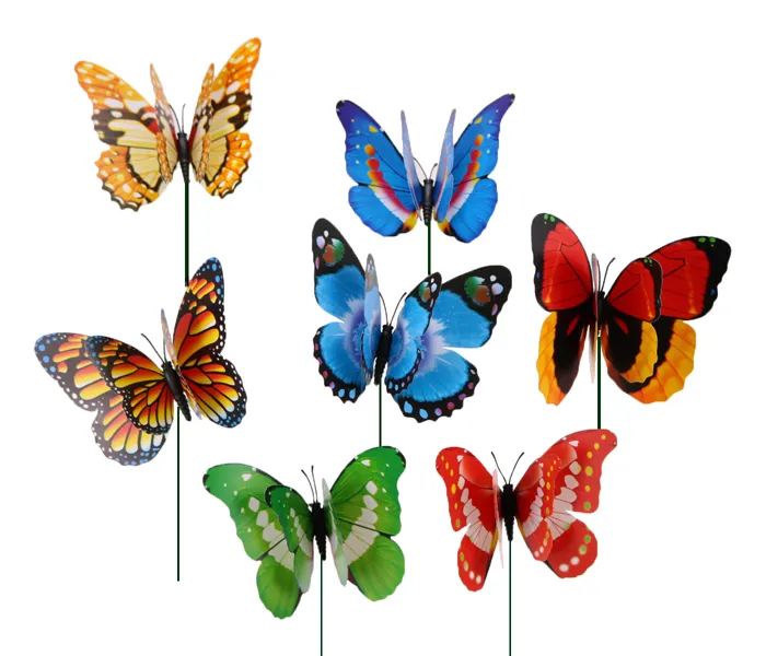 50pcs 12cm Nice Garden Ornaments Butterfly Stakes Colorful Two Layer Feather Big Butterflies Stake Party Decorations for Outdoor Fake Insects