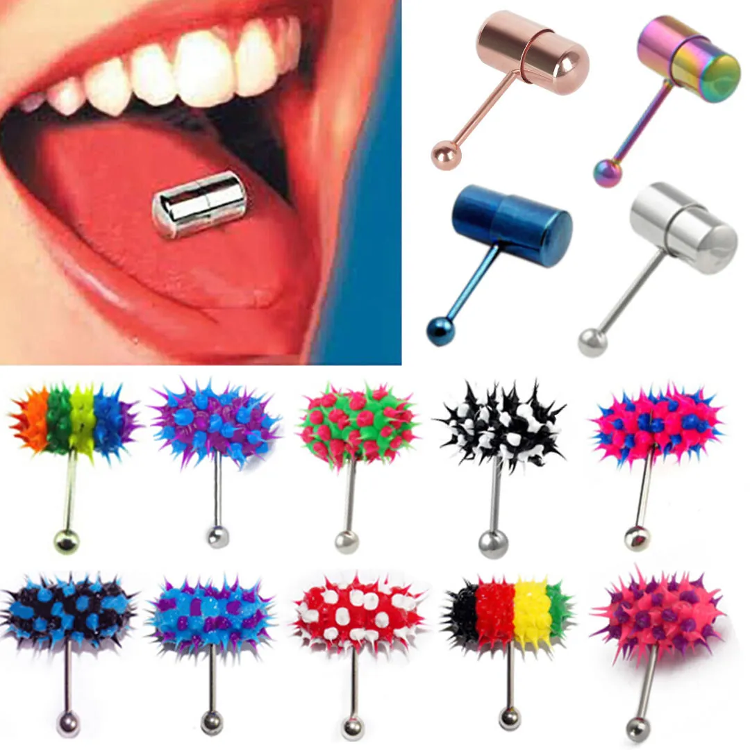 Anneau de langue Couleurs mélangées Acier inoxydable Vibrant Massage Stud Body Piercing Bijoux Barbell avec 2 piles