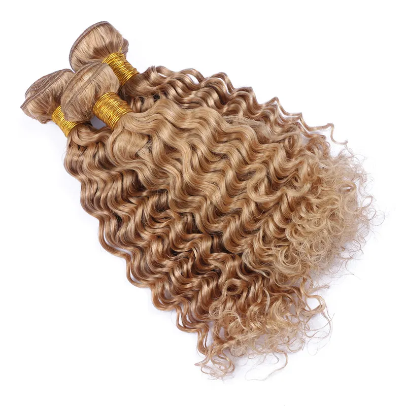 La venta caliente Honey Blonde # 27 malasia de onda profunda paquetes de cabello humano con cierre de encaje parte libre # 27 cierre de encaje con el pelo teje