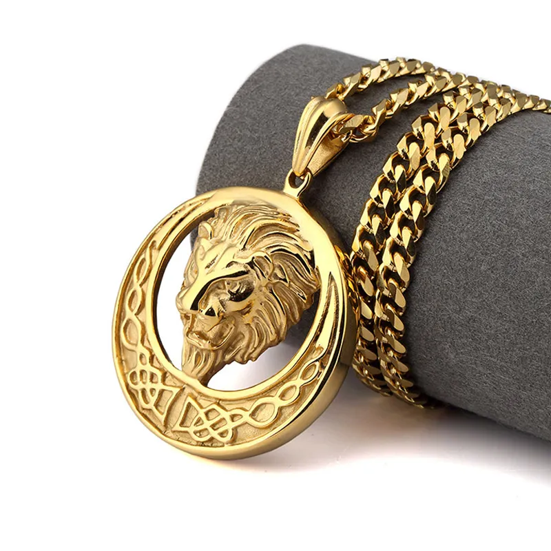 Hög Qaulity Titanium IP Guldpläterad Lion Head Round Pendants Halsband för män Kvinnor Trendsetter Rap Hip Hop Joyas Punk Vintag Chain Bijoux