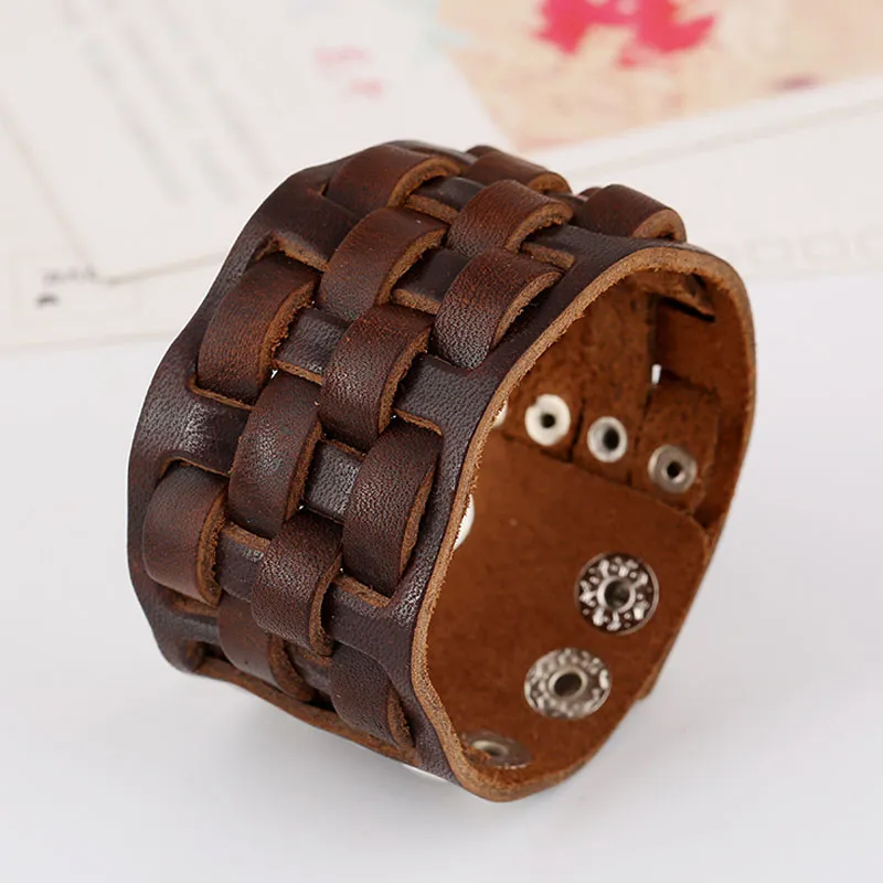 Pulseiras de Couro Genuíno do vintage Cuff Wrap Pulseiras Homens Mulheres Moda Botão Largo Ajustável Pulseiras Melhor Presente