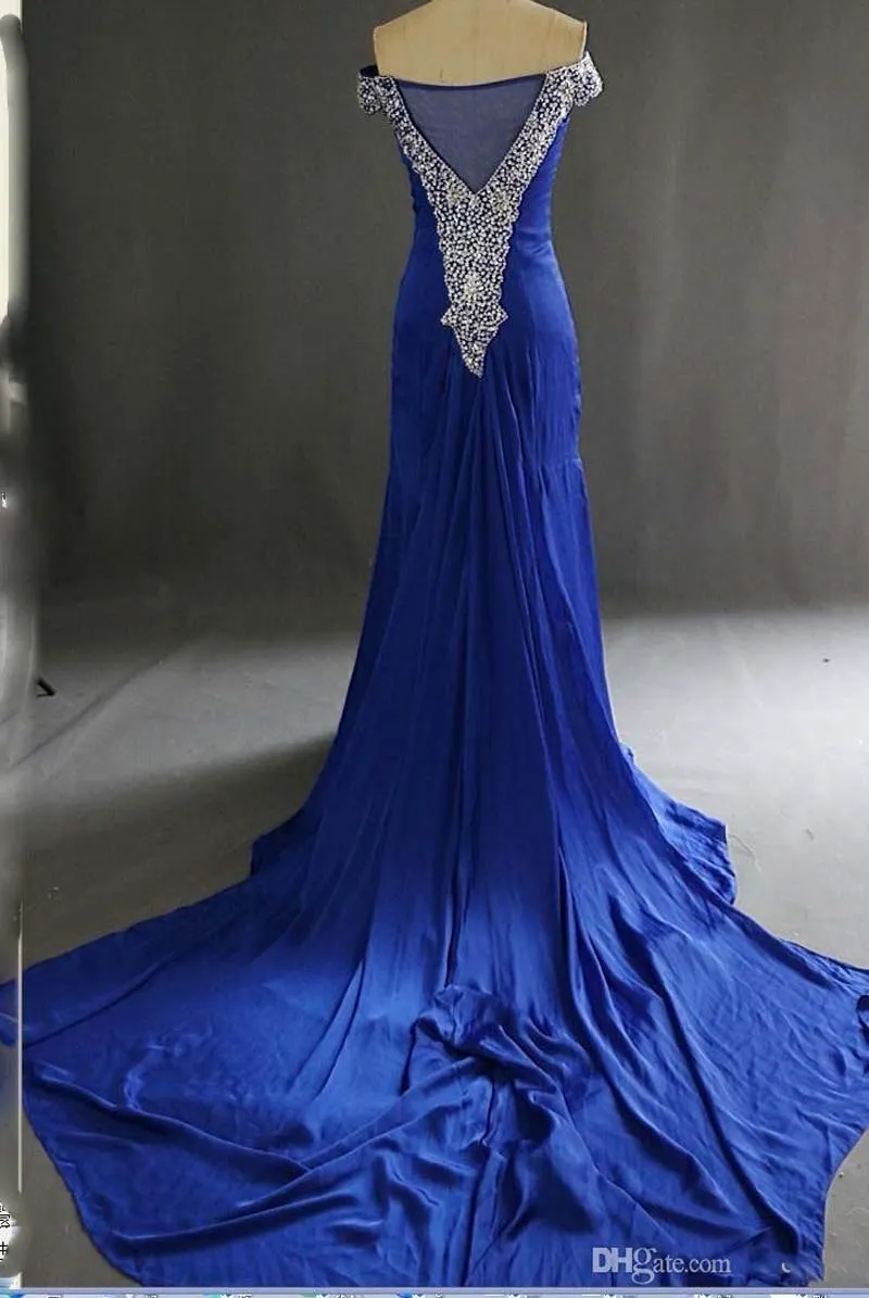 Prawdziwe zdjęcie Szampan długi $ 69 Druhna Suknie Off The Ramię Koraliki Watteau Ruched Back Mermaid Prom Sukienka Evening Wear Sweep Pociąg