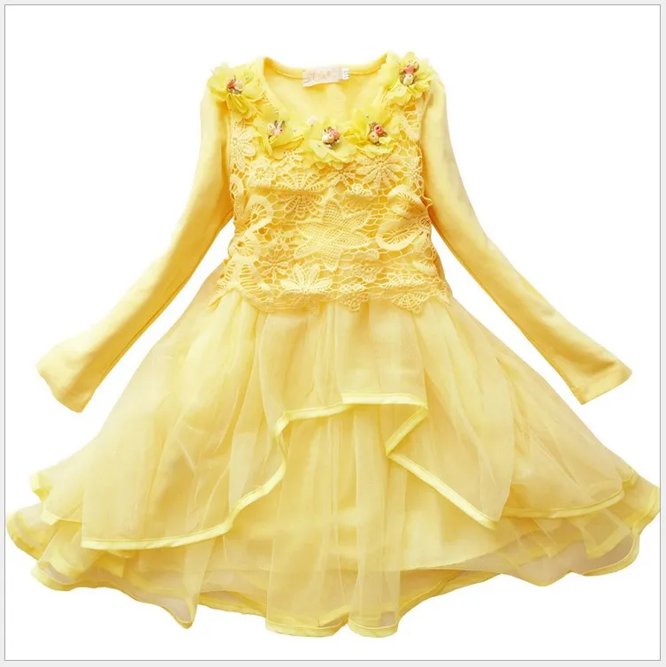 2016 Outono Nova Moda Menina Princesa Vestido Crianças Manga Comprida Flor Vestidos Estilo Coreano Bonito Do Bebê Meninas Lace Tulle Vestido Crianças Vestidos