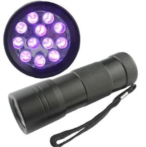 DHL grátis, 395-400NM Ultra Violet UV Light Mini portátil 12 LED UV Lanterna Tocha Detector de Escorpião Localizador de luz negra (UV-12)