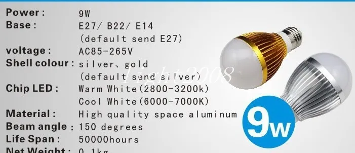 Светодиодные 9W E27 E14 B22 Высокая мощность шарика крутой свет Светодиодные лампы Лампы Освещение Высокое качество