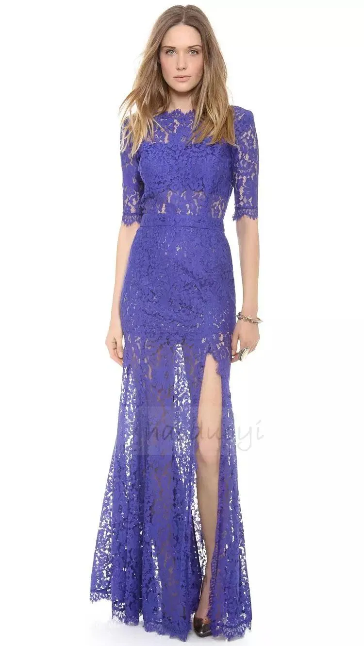 V-costas profundas Zuhair Murad Vestidos de noite barato pura decote lado slit meia manga forma formal noite vestidos de baile com luvas de renda