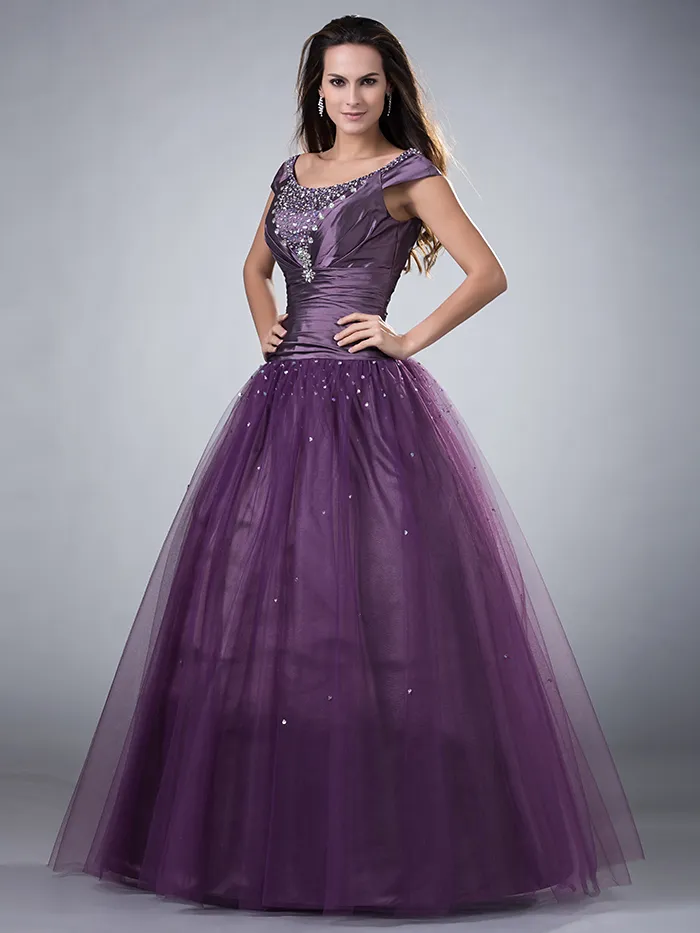 Purple Ball Gown Long Modest Prom Dresses With Short Sleeves Scoop Corset Back Sparkly Beaded Floor Length Teens Formal Prom Gowns