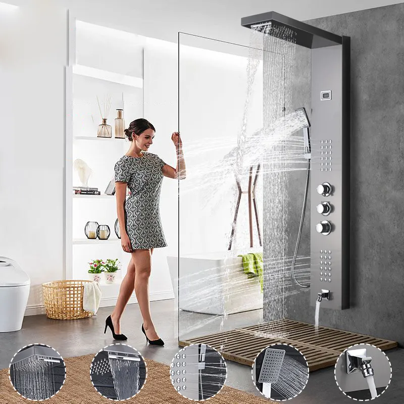 Shower PanelsThermostatic Shower Panel Rain Waterfall Shower Head Massage Jet Three Handles Mixer Tap Bath Faucets