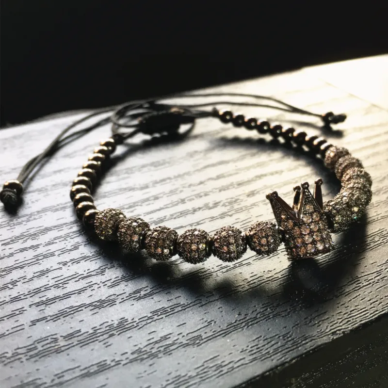 Mode mannen Strengen Micro Pave CZ Kubieke Zirkoon Sieraden charme van de Kroon en 4mm Ronde Kralen Gevlochten Armband vrouwelijke pulseira mac307Y