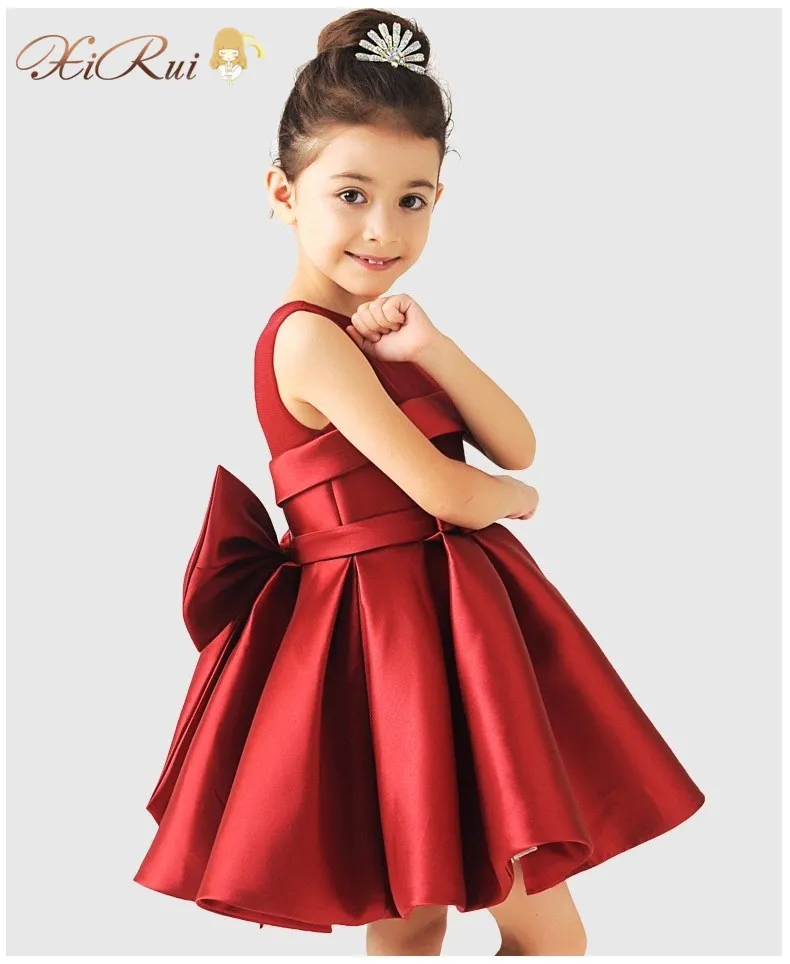 Elegantes Satin-Blumenmädchenkleid mit großer Schleife, Party-Festzug-Kleid für Hochzeit, Geburtstag, Ballkleid für kleine Mädchen, 3 Farben, 2–12 Jahre