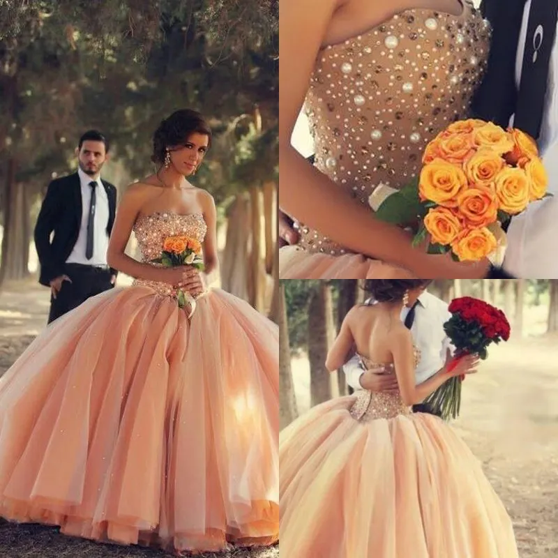 New Modest 2016 Sweetheart Pearls Beaded Sequin Ball Gown Quinceanera Dresses Peach Organza Long Sweet 16 Party Gowns Custom Made EN7118