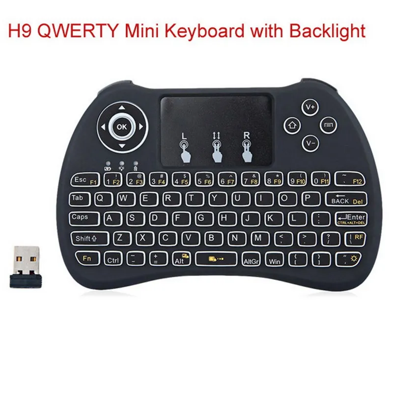 Tastiera retroilluminata wireless H9 Fly Air Mouse Telecomando multimediale Touchpad QWERTY portatile con luce nera Android TV BOX