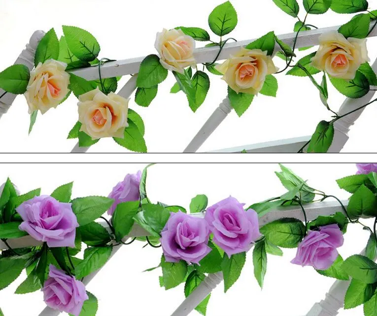 2,5m 8,2ft Konstgjord Silk Rose Blomma Ivy Vine Leaf Garland Bröllopsfest Heminredning Jul Inomhus Utomhus Dekoration Rattan rekvisita