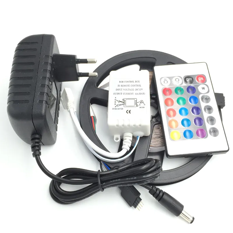 RGB LED Ribbon Strip Light 3528 SMD 60LED/M Flexible Non Waterproof DC 12V + 24 key IR Remote connector + Power Supply adapter stwich By DHL