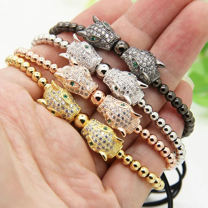 4mm 4mm Copper Beads with Micro Paded Cl CZ Macrame Leopard Bracelets Men Jewelry 2799