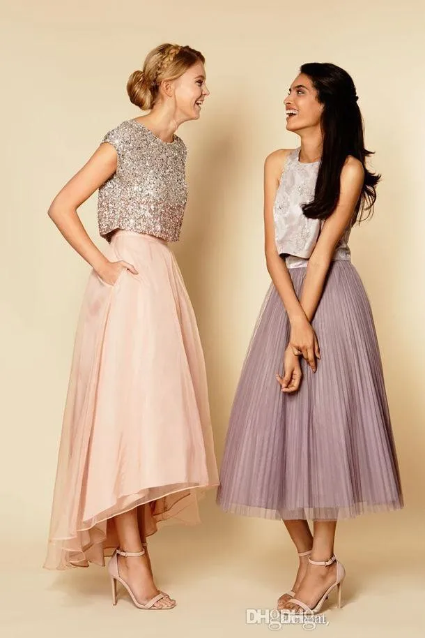 2019 Girls Party Dresses Sparkly Two Piecesスパンコールトップヴィンテージティーの長いプロムドレスPOC6386908の高い低ブライドメイドドレス