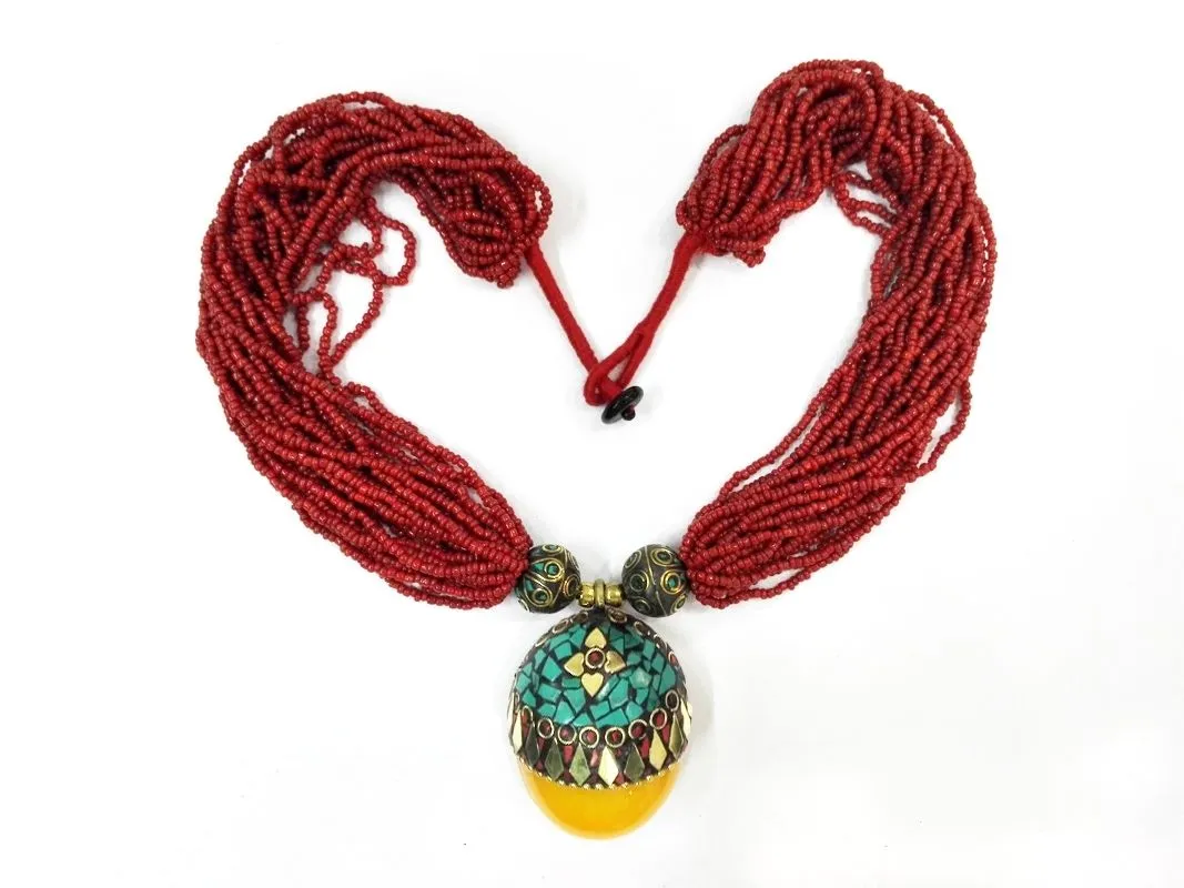 18 '' Ethnic Red Bead Multilayer Naszyjnik Wisiorek Tybetański Kwiat Srebrny Amber Ojzz-0014