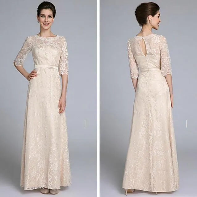 Lace Sheath Jewel Half Sleeves Mother Of Bride Dresses With Sash Floor Length For Evening Dress Mothers' Bride