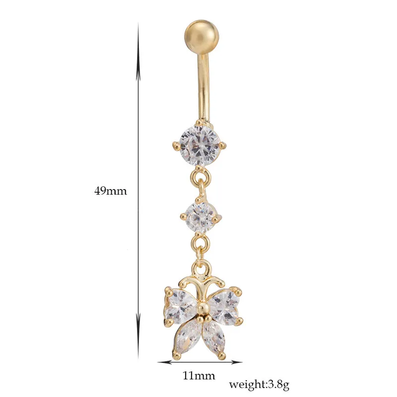 Gold Plated Crystal Paved Cubic Zirconia CZ Butterfly Piercing Belly Button Ring Sexy Body Jewelry for Women