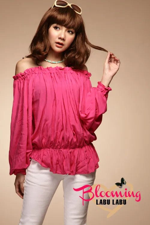 Hot Spring Summer Women's Sexy Loose Tops Blouse Puff Sleeve Ruffles Elastisk Slash Neck Off Shoulder Shoards Lady's Female Casual Blouses