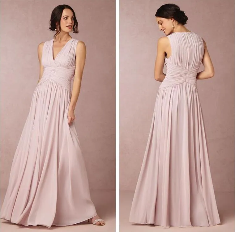 Nude Pink Chiffon Modest Bridesmaid Dresses V Neck Full Back Long vestidos de festa vestido longo para madrinha Formal Dresses