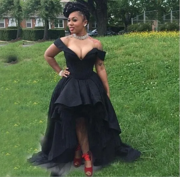 Sexy Black Girls Off Shoulder Prom Dresses 2017 Plus Size Hoge Lage Avondjurken Custom Made Satijnen en Tule Formele Feestjurken