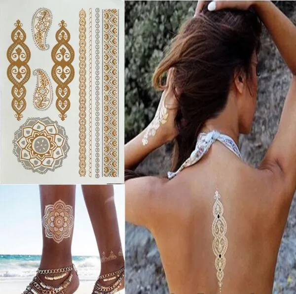 Tijdelijke Tattoo Gold Tattoo Flash Tattoos Leaf Tatoos Metallic Sexy Products Sieraden Henna Tatoo Body Art Tattoo Stickers 14 * 25cm