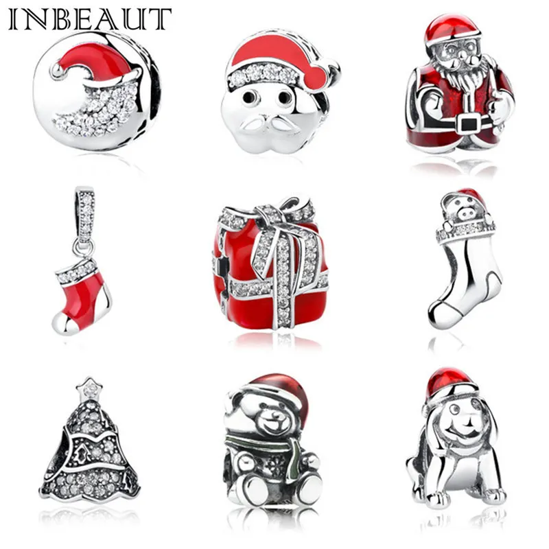 Inbeaut Ny 925 Ren Silver Christmas Charms För Kvinnor Armband Banglar Santa Claus Charm Cute Dog Bead Pittera Pandora Armband