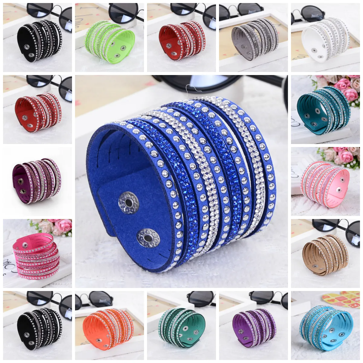 Charm-Armband für Damen, glänzendes Damen-Armband aus mehrschichtigem Leder, Strass-Kristall-Armband, Knöpfe, weiß/schwarz/blau, Lederarmband