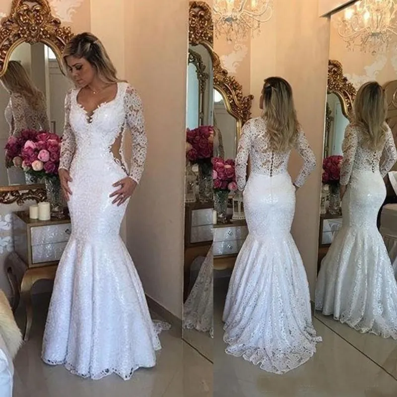 Artı Boyutu Uzun Kollu Dantel Mermaid Gelinlik See Through Geri Illusion Arapça Vestidos De Novia Gelinlikler Sweep Tren Custom Made