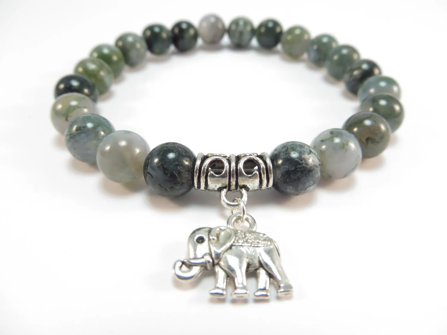 SN1120 Sacred Elephant Mala Armband Healing Mala Yoga Jewelry Moss Agate Zen Pärlad armband julklapp224p