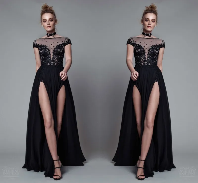 2017 Runway Fashion Sheer Neck Evening Dresses Lace Applique Cap Sleeve Prom Klänningar High Split Chiffon En Line Formal Party Gowns