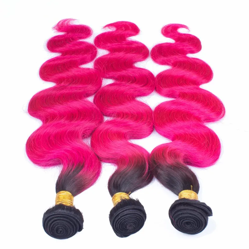 T1B Pink Ombre Virgin Brazilian Body Wave Hair Bundles Dark Roots Two ...
