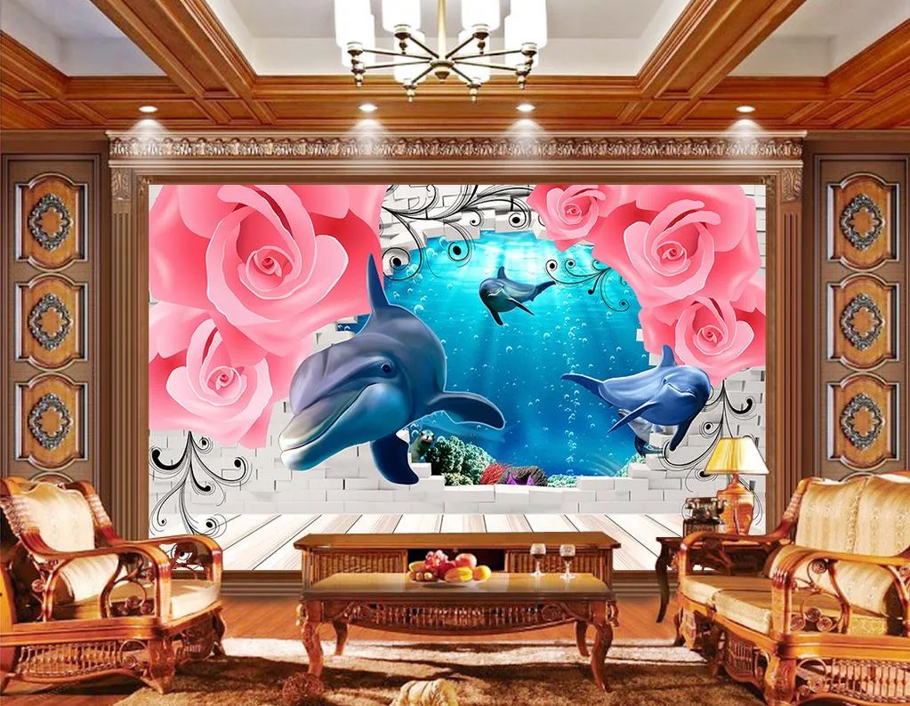 Europejskie Róże Delfiny Niestandardowe 3d Mural Tapeta 3D Salon TV Tło Bedroom Wall Papers Home Decor