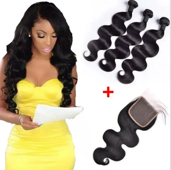 Brazilian Body Wave Virgin Hair 3 buntar med 4x4 spetsförslutning Obearbetad Human Remy Hair Weaves Naturlig svart dubbelväft