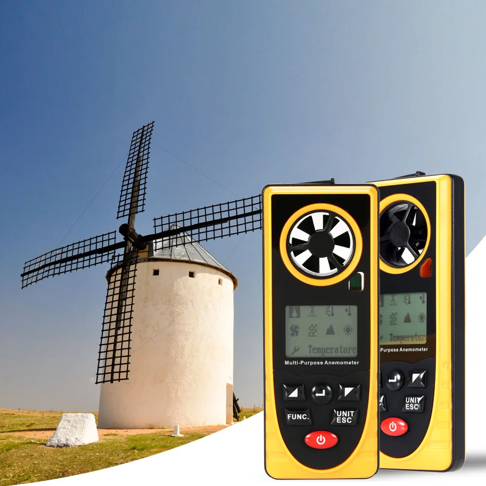 Freeshipping Mini Anemometer Windsnelheid Temperatuurvochtigheid Windkoude Dauwpunt Barometrische drukverlichting meten met achtergrondverlichting