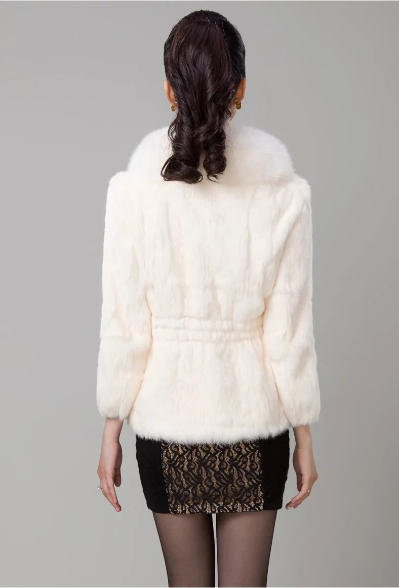 Women's luxury fashion natural fox fur collar long sleeve slim waist with belt sashes rabbit fur short coat casacos plus size 3XL