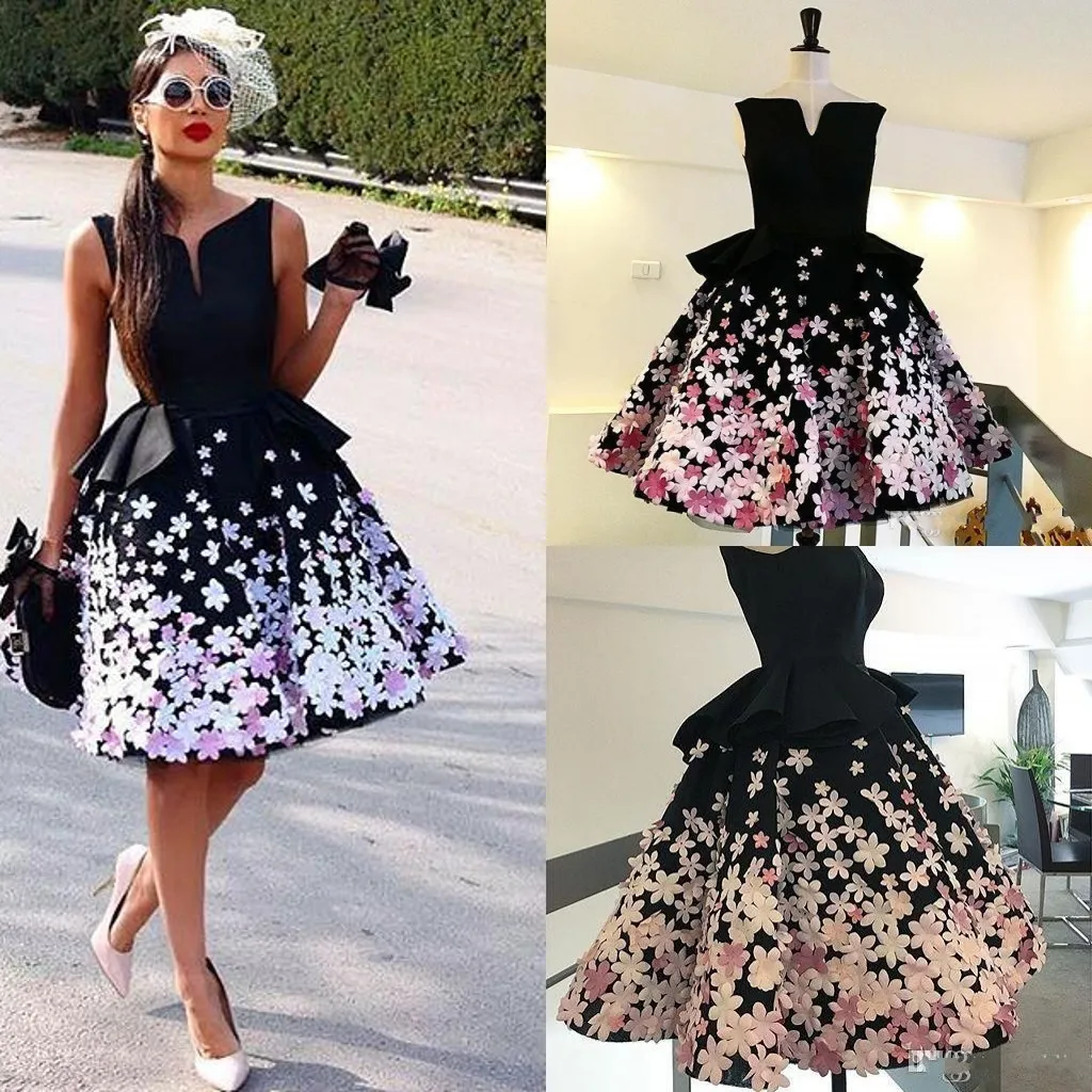 Black Girl Prom Dresses With Hand made 3d Floral A line V Neck Evening Dresses Knee High Peplum Vestidos Red Carpet Dresses