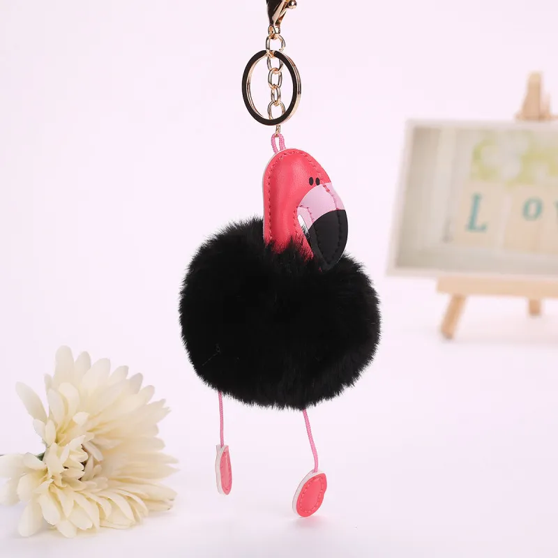 Flamingo Keychain Pu Oiseaux en cuir Porte-clés Porte-clés Pompon fourrure couverture Femmes Sac Charm Pendentif Accessoires Chaveiro