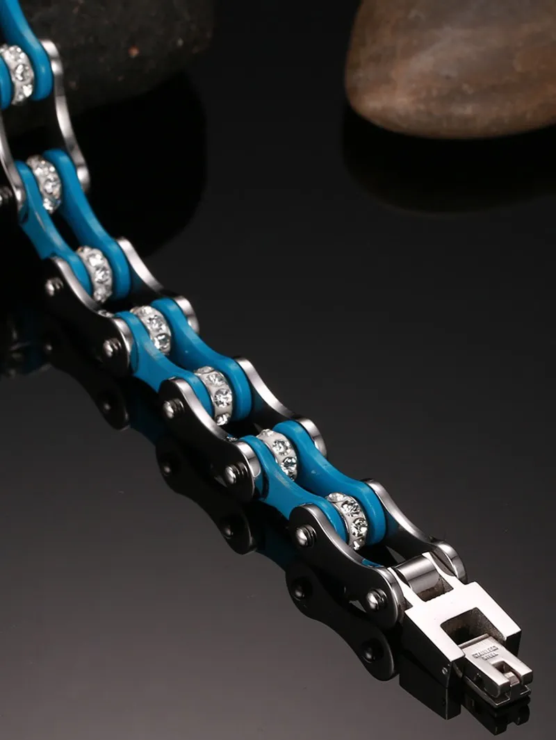 Mannen Mode Rvs Rhinestones Bangle Biker Bicycle Chains Manchet Racelet Armbanden Trendy Sieraden Brace Kant Blauw / Zilver