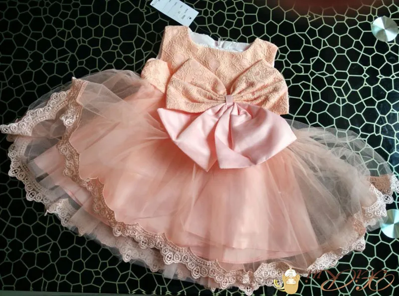 Новорожденных девочек день рождения платья первое крещение крещение свадьба Детские платья кружева розовый лук бальное платье милый ребенок платье