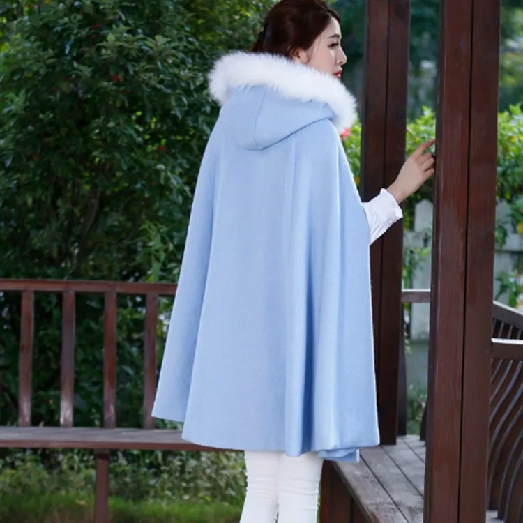 Wholesale-Womens Capes and Ponchoes 2016新しい秋冬ロングビンテージウールコート女性フード付き毛皮ポンチョマントーフェムムマント