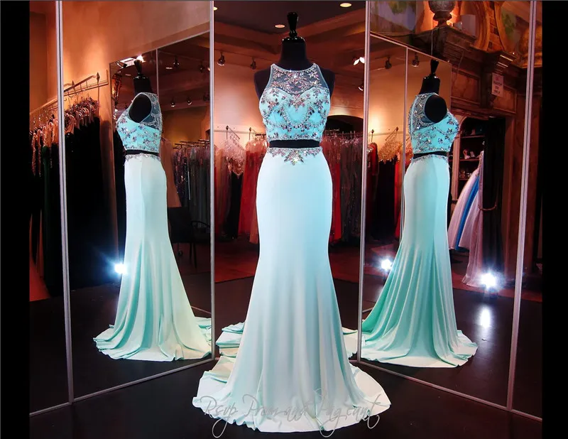 Aqua Crop Top Prom Dress Two Piece High Beaded Neckline Beading Mermaid Evening Dress Illusion Back Chiffon Pageant Dress