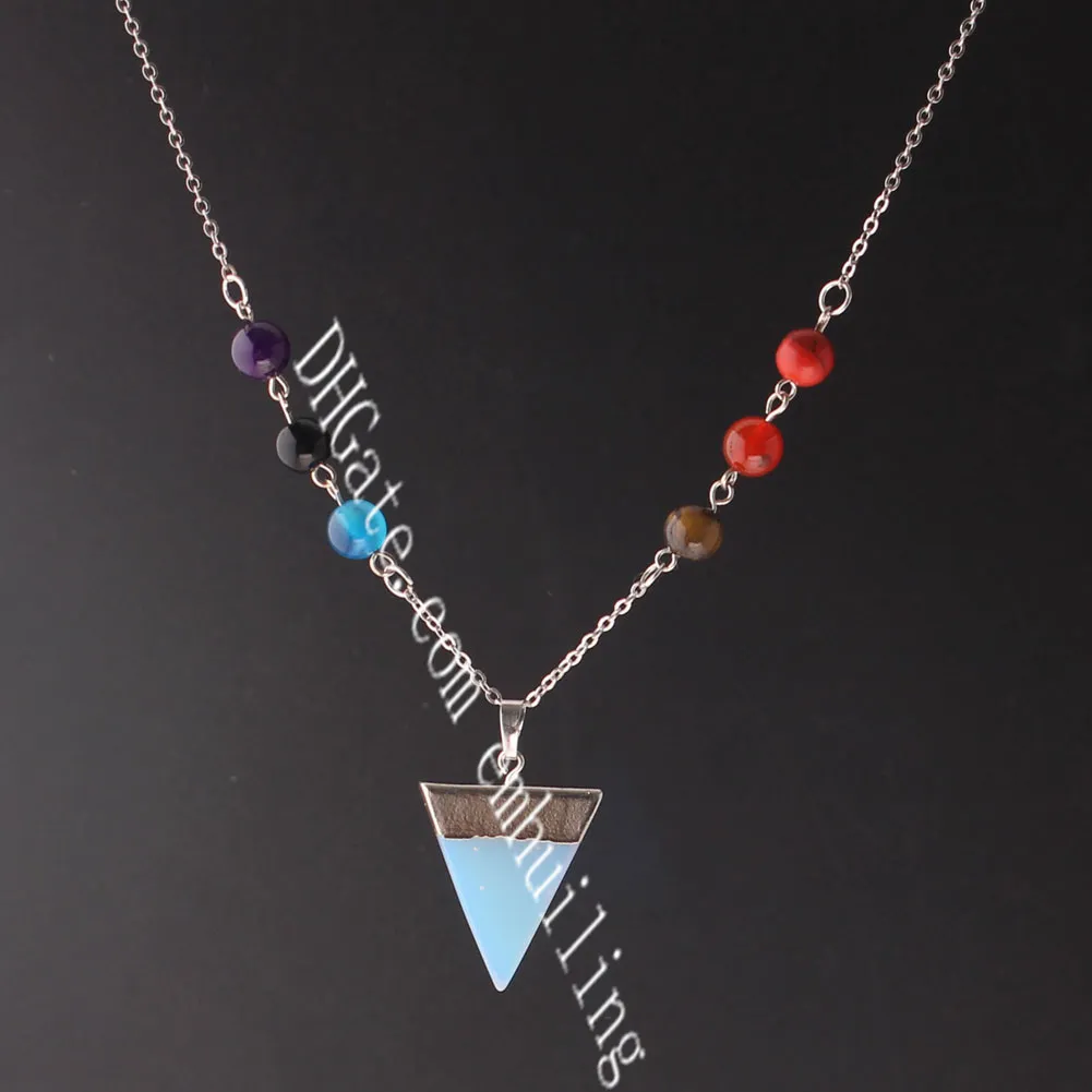 Special Seven Chakra Symbol Necklace Yoga Necklace Reiki Energy Triangle Natural Gemstone Pendant on 8MM Semi Gem Chakra Bead Chain Necklace