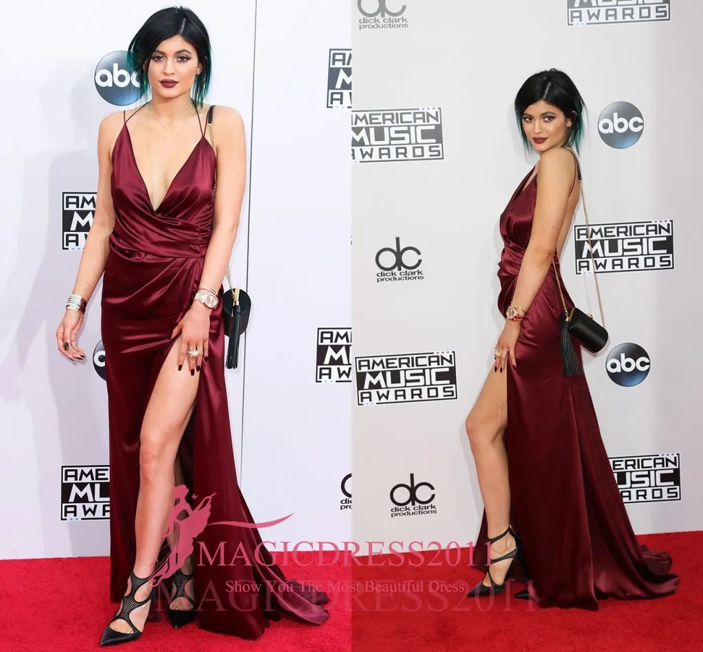 Kylie Jenner 2019 Burgundy A Line Celebrity Dresses Backless Deep V-Neck High Split Prom Dresses Cheap Custom Made Evening Dresses