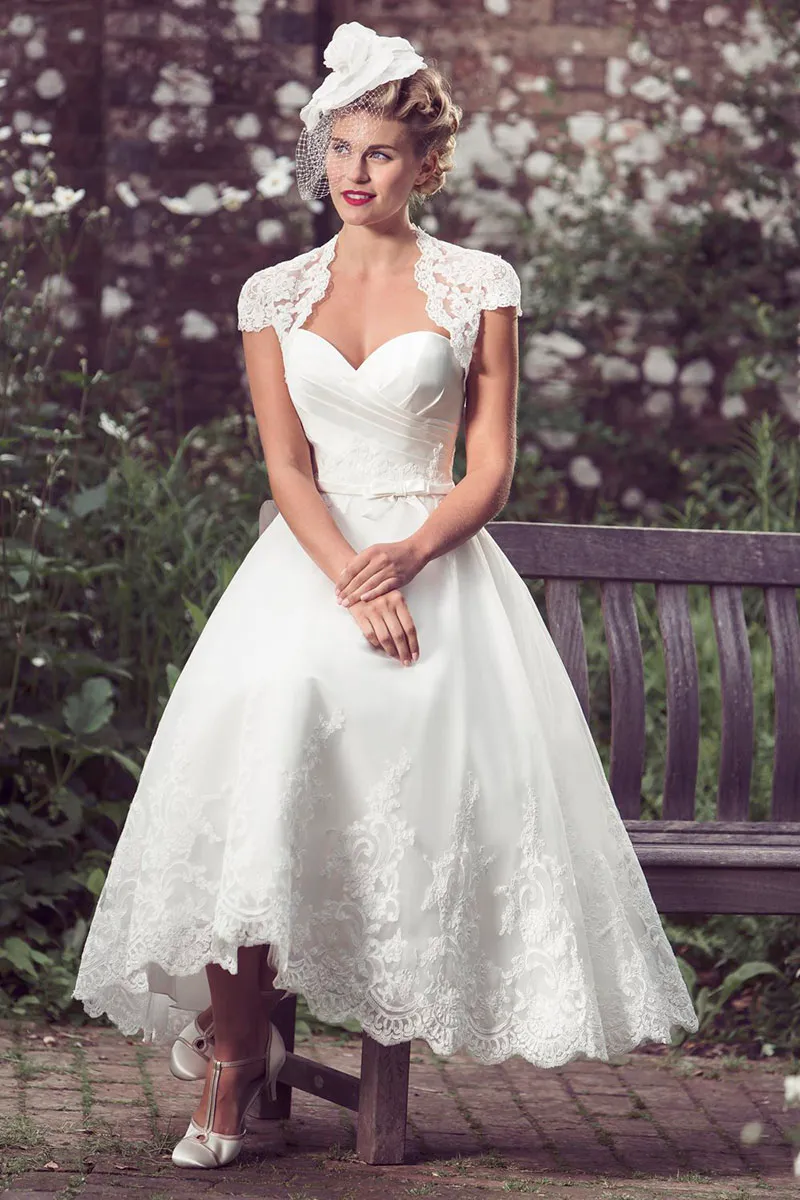 Elegant Tea Length Lace Tea Length Wedding Dress With Appliques, Jacket ...